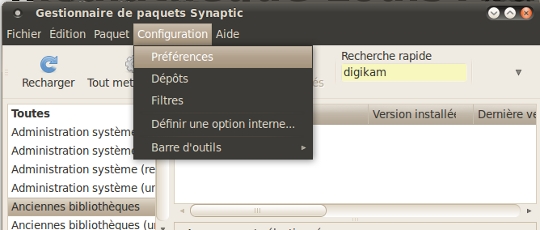 Sélection du menu Configuration->Préférences  » width= »540″ height= »230″ /><p class=